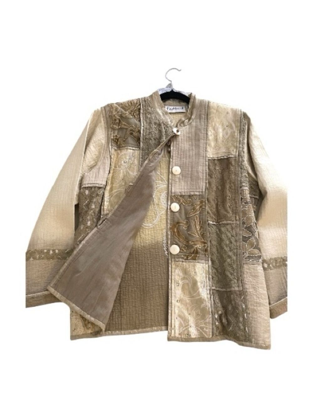 Vintage Flashback Patchwork Button-Up
Jacket, Unique Fabrics, Brown Tan Size M.